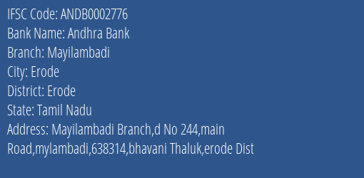 Andhra Bank Mayilambadi Branch Erode IFSC Code ANDB0002776