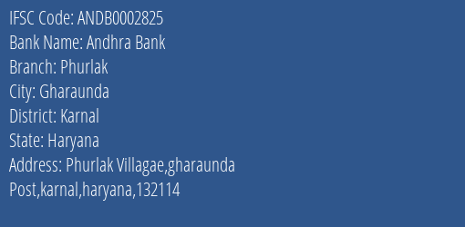 Andhra Bank Phurlak Branch Karnal IFSC Code ANDB0002825