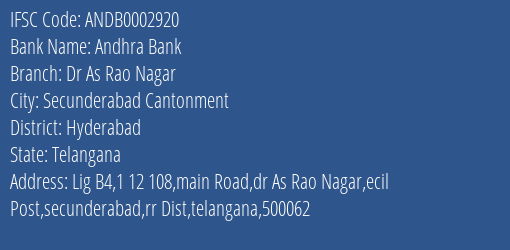 Andhra Bank Dr As Rao Nagar Branch Hyderabad IFSC Code ANDB0002920