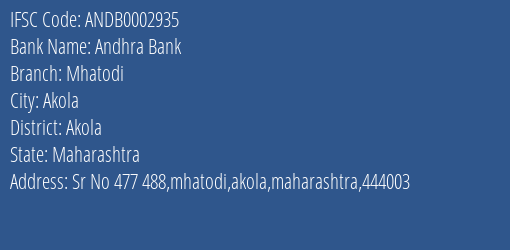 Andhra Bank Mhatodi Branch, Branch Code 002935 & IFSC Code ANDB0002935
