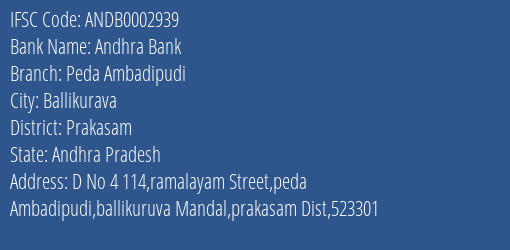 Andhra Bank Peda Ambadipudi Branch, Branch Code 002939 & IFSC Code Andb0002939
