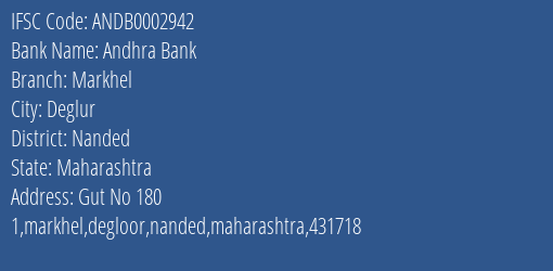 Andhra Bank Markhel Branch Nanded IFSC Code ANDB0002942