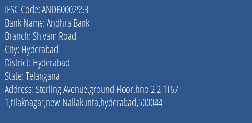 Andhra Bank Shivam Road Branch Hyderabad IFSC Code ANDB0002953