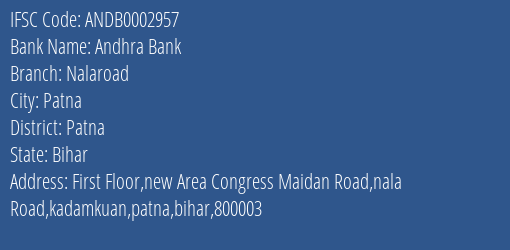 Andhra Bank Nalaroad Branch Patna IFSC Code ANDB0002957