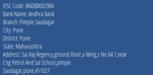 Andhra Bank Pimple Saudagar Branch Pune IFSC Code ANDB0002984
