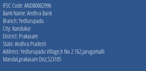 Andhra Bank Yedlurupadu Branch, Branch Code 002996 & IFSC Code Andb0002996