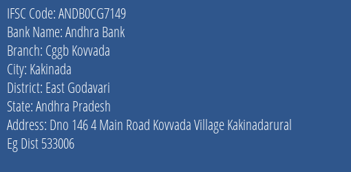 Andhra Bank Cggb Kovvada Branch East Godavari IFSC Code ANDB0CG7149