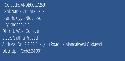 Chaitanya Godavari Grameena Bank Nidadavole Branch West Godavari IFSC Code ANDB0CG7259
