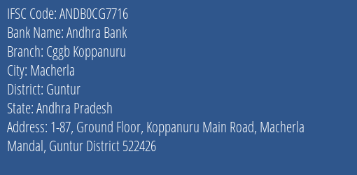 Andhra Bank Cggb Koppanuru Branch, Branch Code CG7716 & IFSC Code Andb0cg7716