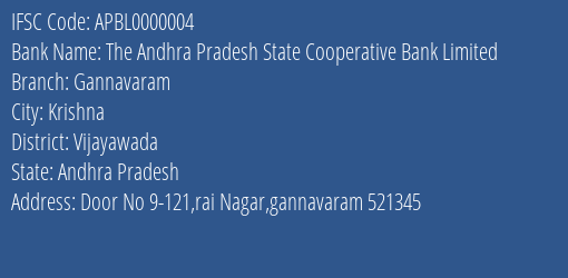 The Andhra Pradesh State Cooperative Bank Limited Gannavaram Branch, Branch Code 000004 & IFSC Code APBL0000004