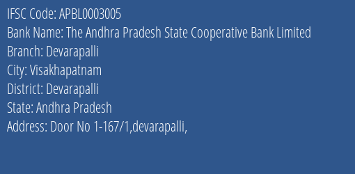The Andhra Pradesh State Cooperative Bank Limited Devarapalli Branch, Branch Code 003005 & IFSC Code APBL0003005