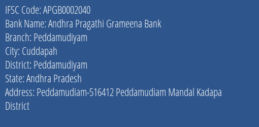 Andhra Pragathi Grameena Bank Peddamudiyam Branch Peddamudiyam IFSC Code APGB0002040