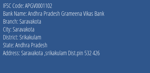 Andhra Pradesh Grameena Vikas Bank Saravakota Branch, Branch Code 001102 & IFSC Code Apgv0001102