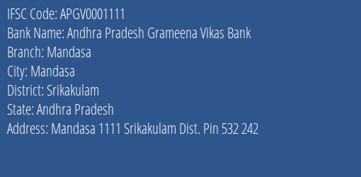 Andhra Pradesh Grameena Vikas Bank Mandasa Branch Srikakulam IFSC Code APGV0001111