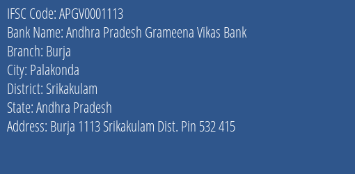 Andhra Pradesh Grameena Vikas Bank Burja Branch Srikakulam IFSC Code APGV0001113