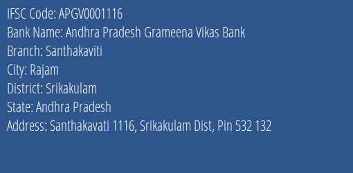 Andhra Pradesh Grameena Vikas Bank Santhakaviti Branch, Branch Code 001116 & IFSC Code Apgv0001116