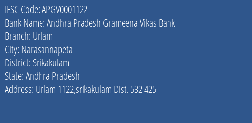Andhra Pradesh Grameena Vikas Bank Urlam Branch, Branch Code 001122 & IFSC Code Apgv0001122