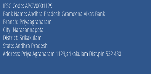 Andhra Pradesh Grameena Vikas Bank Priyaagraharam Branch, Branch Code 001129 & IFSC Code Apgv0001129