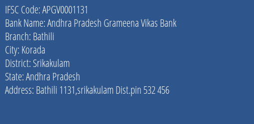 Andhra Pradesh Grameena Vikas Bank Bathili Branch, Branch Code 001131 & IFSC Code Apgv0001131