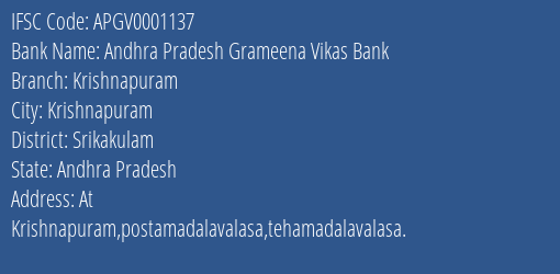 Andhra Pradesh Grameena Vikas Bank Krishnapuram Branch, Branch Code 001137 & IFSC Code Apgv0001137