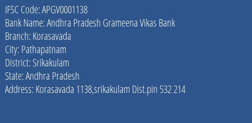 Andhra Pradesh Grameena Vikas Bank Korasavada Branch, Branch Code 001138 & IFSC Code Apgv0001138