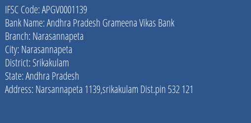 Andhra Pradesh Grameena Vikas Bank Narasannapeta Branch, Branch Code 001139 & IFSC Code Apgv0001139