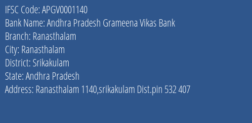 Andhra Pradesh Grameena Vikas Bank Ranasthalam Branch, Branch Code 001140 & IFSC Code Apgv0001140
