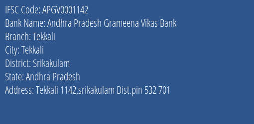 Andhra Pradesh Grameena Vikas Bank Tekkali Branch, Branch Code 001142 & IFSC Code Apgv0001142