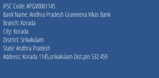 Andhra Pradesh Grameena Vikas Bank Korada Branch, Branch Code 001145 & IFSC Code Apgv0001145