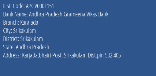 Andhra Pradesh Grameena Vikas Bank Karajada Branch Srikakulam IFSC Code APGV0001151