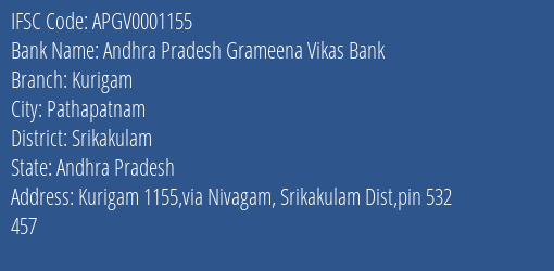 Andhra Pradesh Grameena Vikas Bank Kurigam Branch Srikakulam IFSC Code APGV0001155