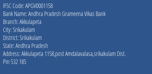 Andhra Pradesh Grameena Vikas Bank Akkulapeta Branch, Branch Code 001158 & IFSC Code Apgv0001158
