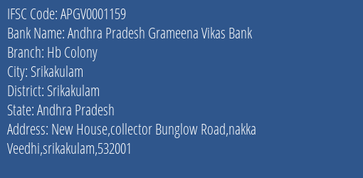 Andhra Pradesh Grameena Vikas Bank Hb Colony Branch, Branch Code 001159 & IFSC Code Apgv0001159