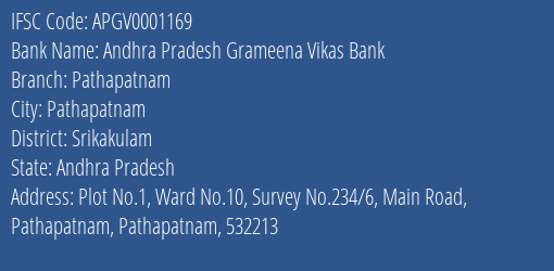 Andhra Pradesh Grameena Vikas Bank Pathapatnam Branch, Branch Code 001169 & IFSC Code Apgv0001169