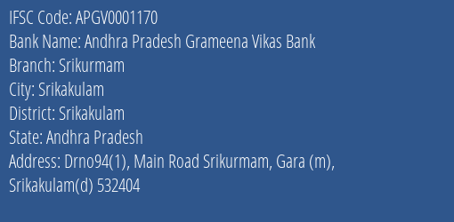 Andhra Pradesh Grameena Vikas Bank Srikurmam Branch, Branch Code 001170 & IFSC Code Apgv0001170