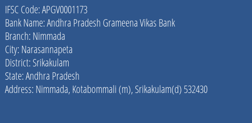 Andhra Pradesh Grameena Vikas Bank Nimmada Branch, Branch Code 001173 & IFSC Code Apgv0001173