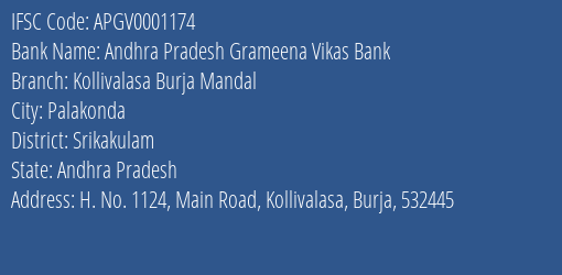 Andhra Pradesh Grameena Vikas Bank Kollivalasa Burja Mandal Branch, Branch Code 001174 & IFSC Code Apgv0001174