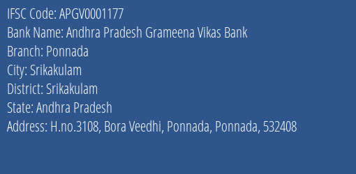Andhra Pradesh Grameena Vikas Bank Ponnada Branch, Branch Code 001177 & IFSC Code Apgv0001177