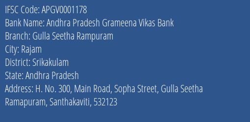 Andhra Pradesh Grameena Vikas Bank Gulla Seetha Rampuram Branch, Branch Code 001178 & IFSC Code Apgv0001178