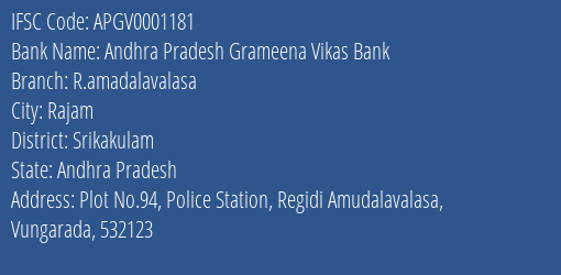 Andhra Pradesh Grameena Vikas Bank R.amadalavalasa Branch, Branch Code 001181 & IFSC Code Apgv0001181