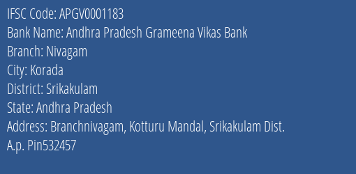 Andhra Pradesh Grameena Vikas Bank Nivagam Branch, Branch Code 001183 & IFSC Code Apgv0001183