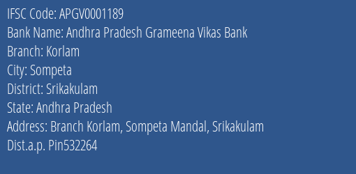 Andhra Pradesh Grameena Vikas Bank Korlam Branch, Branch Code 001189 & IFSC Code Apgv0001189