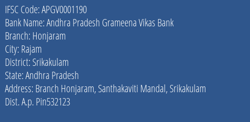 Andhra Pradesh Grameena Vikas Bank Honjaram Branch, Branch Code 001190 & IFSC Code Apgv0001190