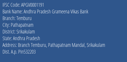 Andhra Pradesh Grameena Vikas Bank Temburu Branch Srikakulam IFSC Code APGV0001191