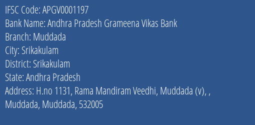 Andhra Pradesh Grameena Vikas Bank Muddada Branch, Branch Code 001197 & IFSC Code Apgv0001197