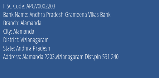 Andhra Pradesh Grameena Vikas Bank Alamanda Branch Vizianagaram IFSC Code APGV0002203