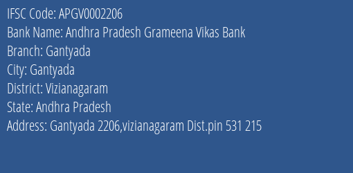 Andhra Pradesh Grameena Vikas Bank Gantyada Branch, Branch Code 002206 & IFSC Code Apgv0002206