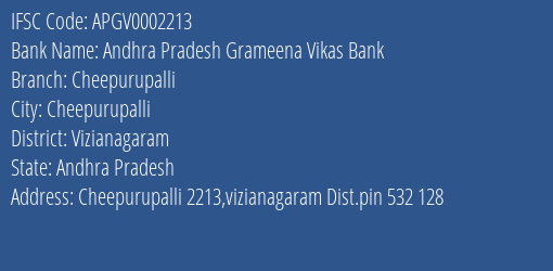 Andhra Pradesh Grameena Vikas Bank Cheepurupalli Branch, Branch Code 002213 & IFSC Code APGV0002213