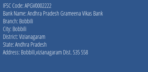 Andhra Pradesh Grameena Vikas Bank Bobbili Branch Vizianagaram IFSC Code APGV0002222
