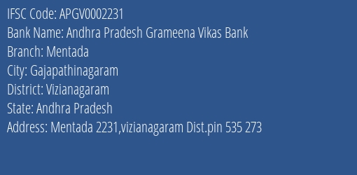 Andhra Pradesh Grameena Vikas Bank Mentada Branch Vizianagaram IFSC Code APGV0002231